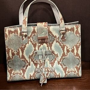 Donald J. Pliner Snakeskin Embossed Light Blue Leather Handbag with lock and key